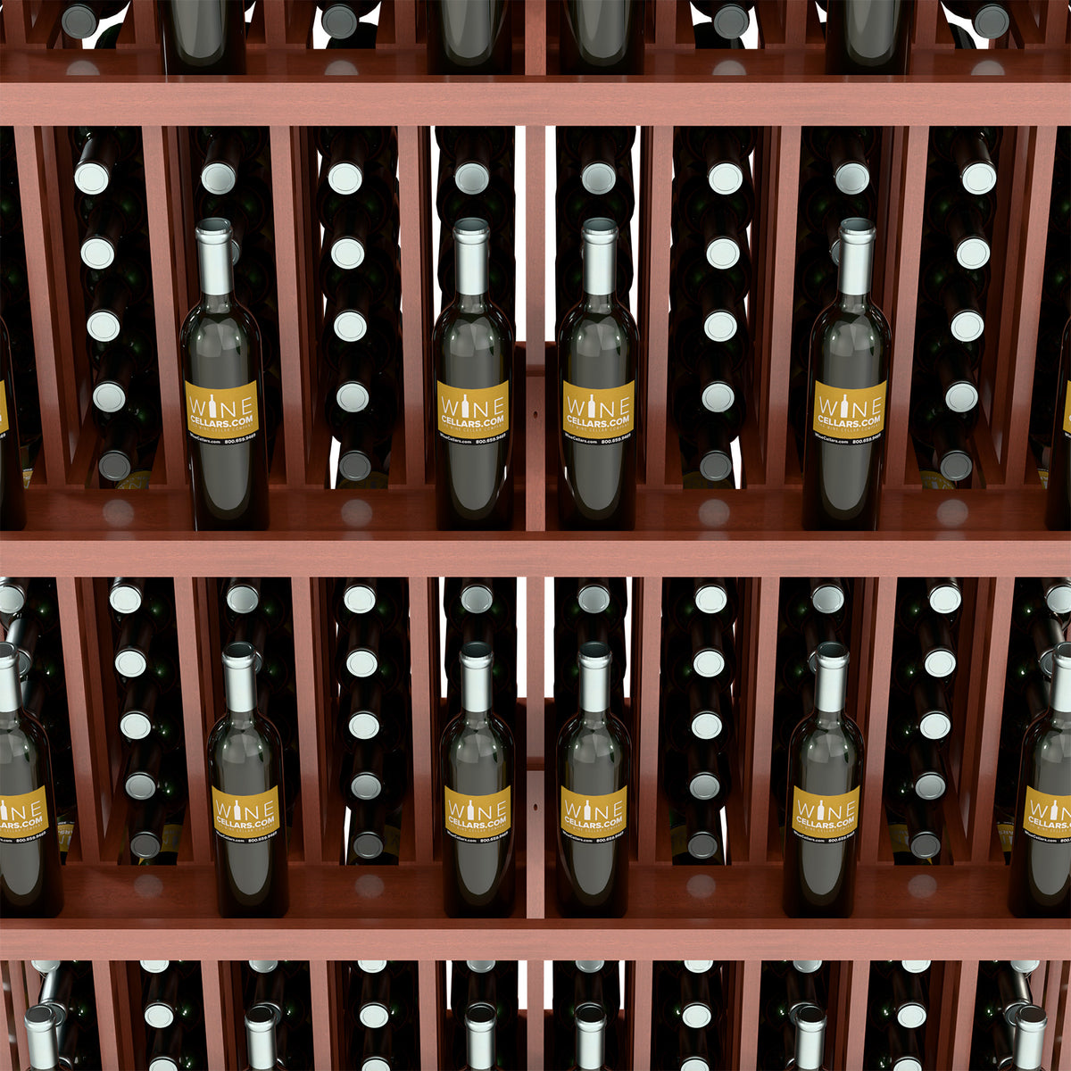 Close-up of bottles on warm wood shelves with circular bottle slots