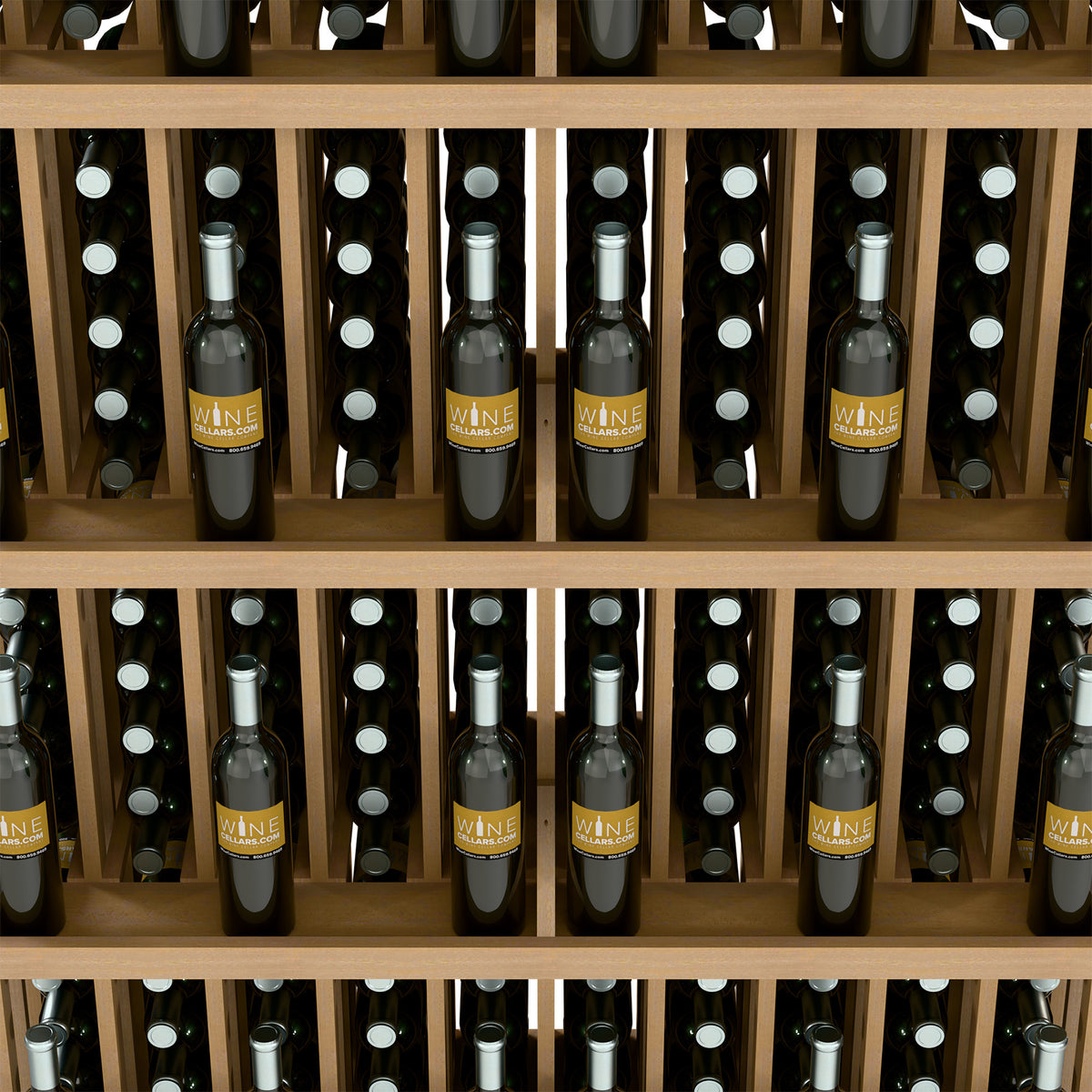 Walnut-colored wine bottle wall display with five shelves and bottle storage slots