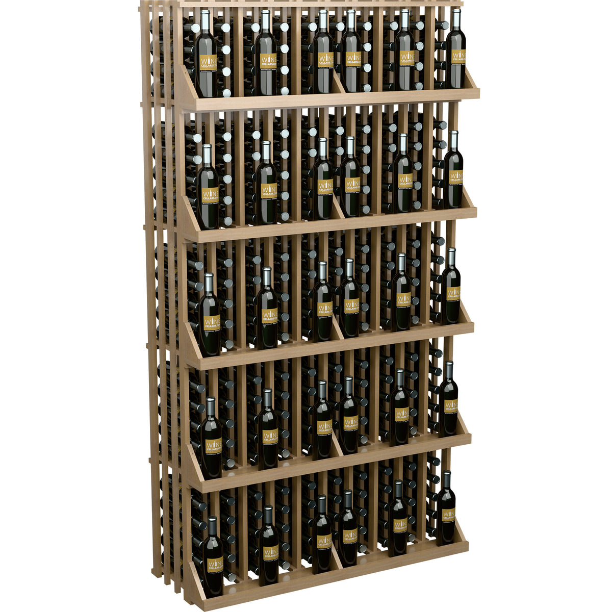 5-shelf wine bottle wall display with light wood frame, slatted sides, and bottles