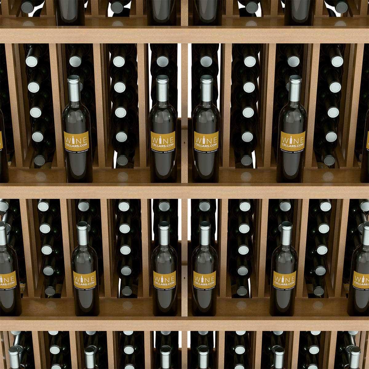 Close-up of bottles on light wood shelves with circular bottle slots