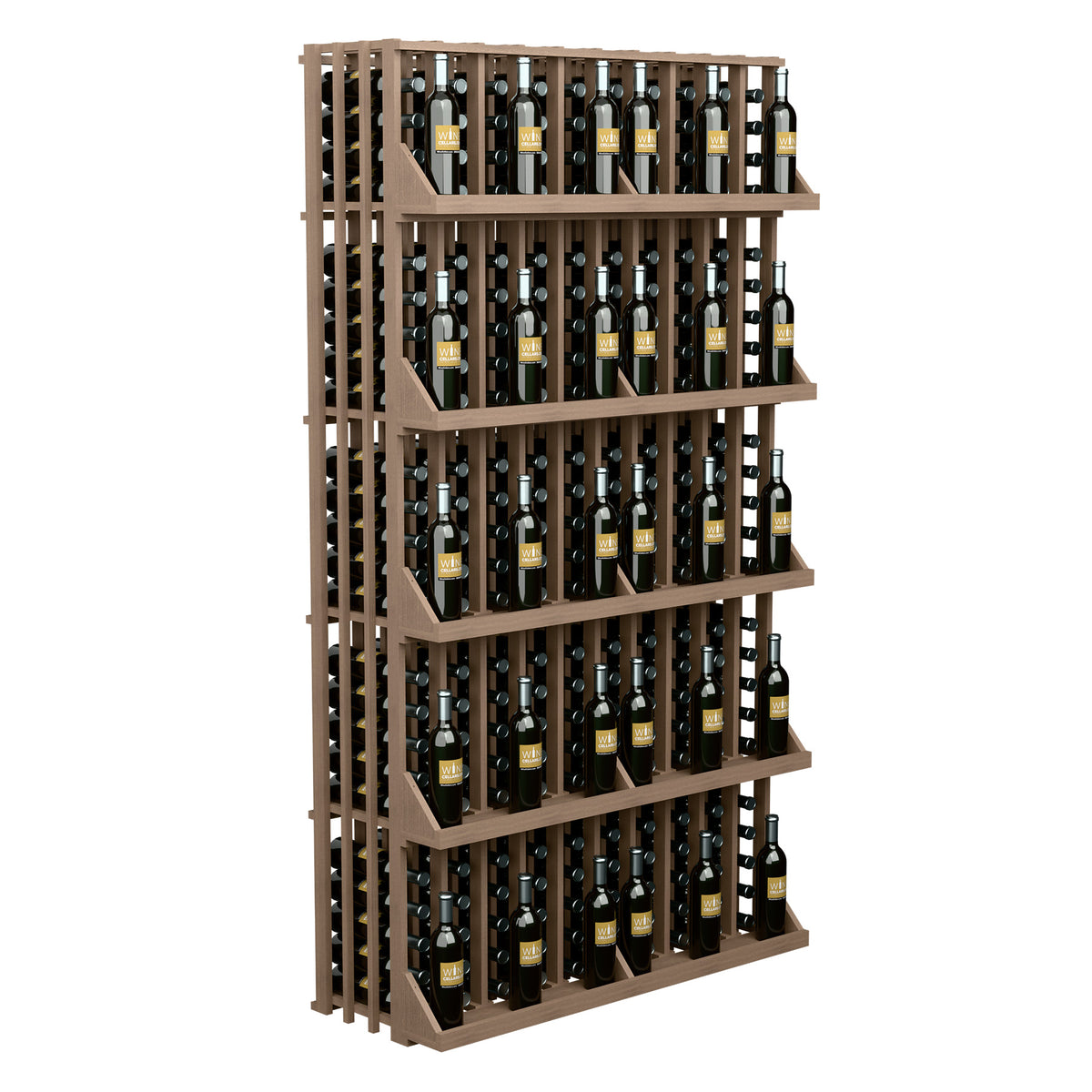 Medium brown 5-shelf wine bottle display rack with slatted sides for wine bottles.