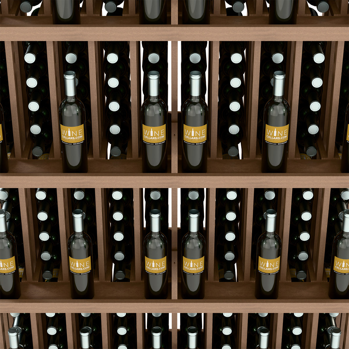Wood wine bottle wall display with five shelves and bottle storage slots
