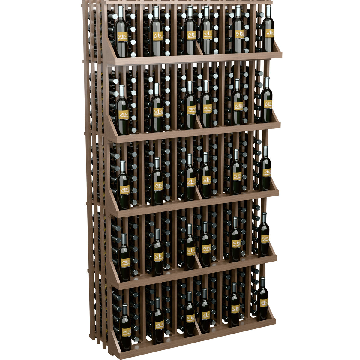 5-shelf wine bottle wall display with light wood frame and bottle-filled shelves