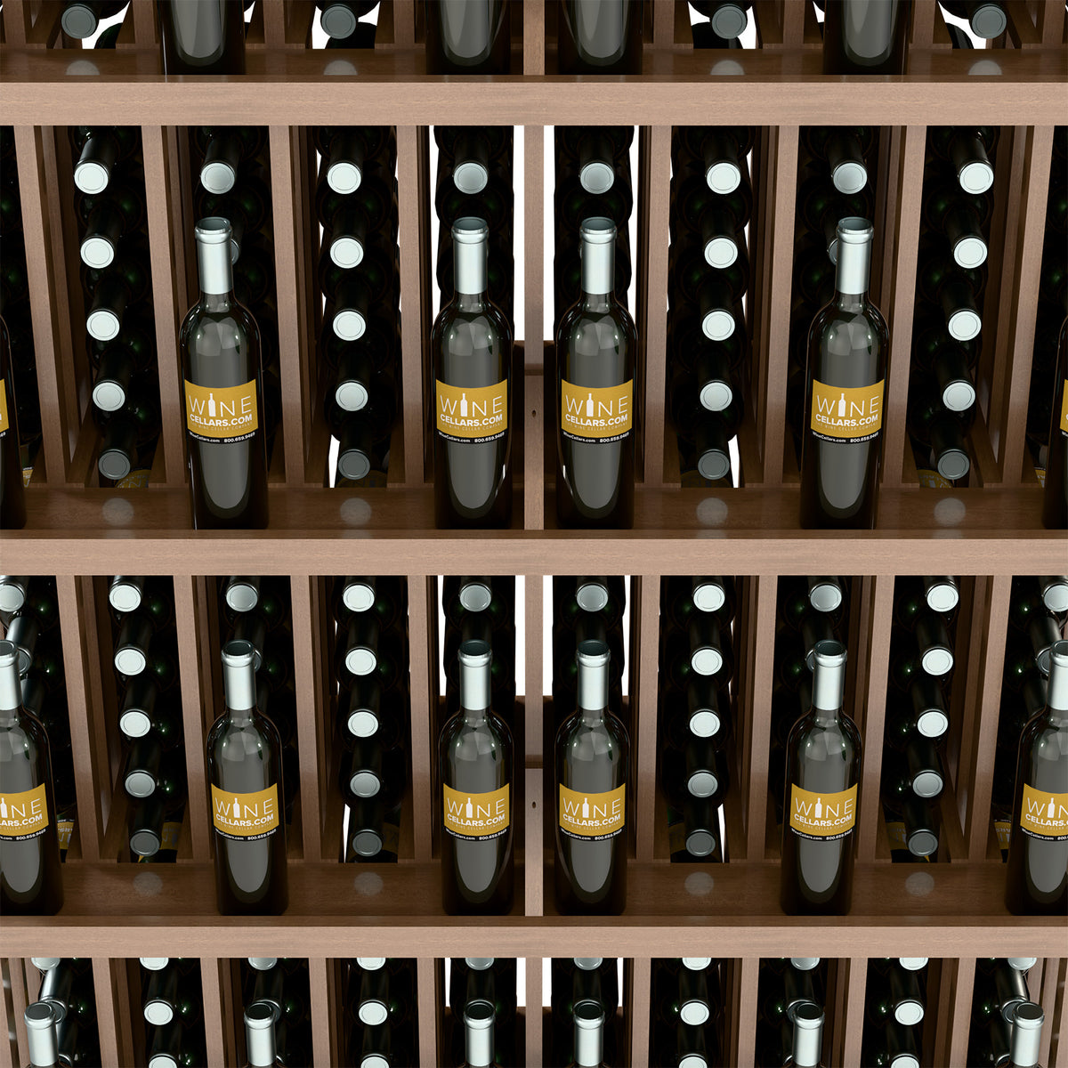 Close-up of wine bottles resting in wooden slotted shelves of a wall display