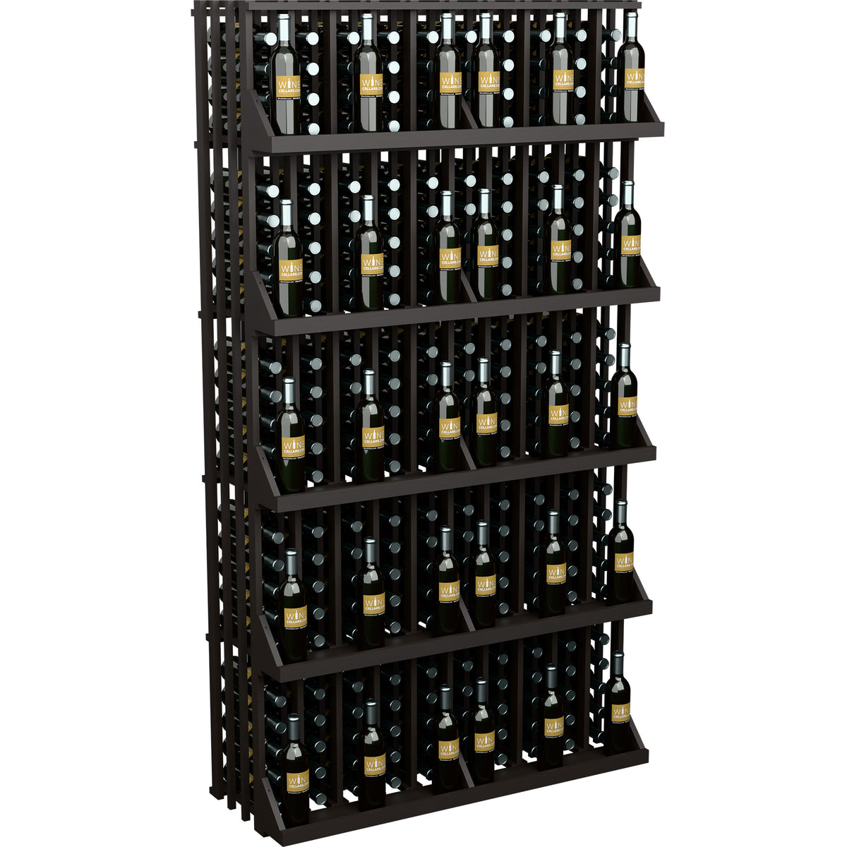 Close view of dark 5-shelf wine bottle display rack with slatted back panel.