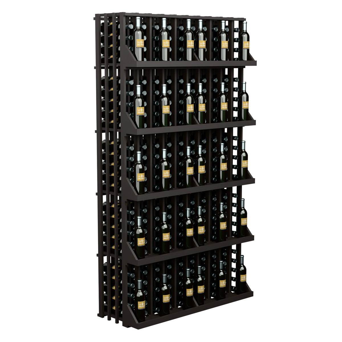 Wine bottle display with 5 shelves, dark frame and bottle slots