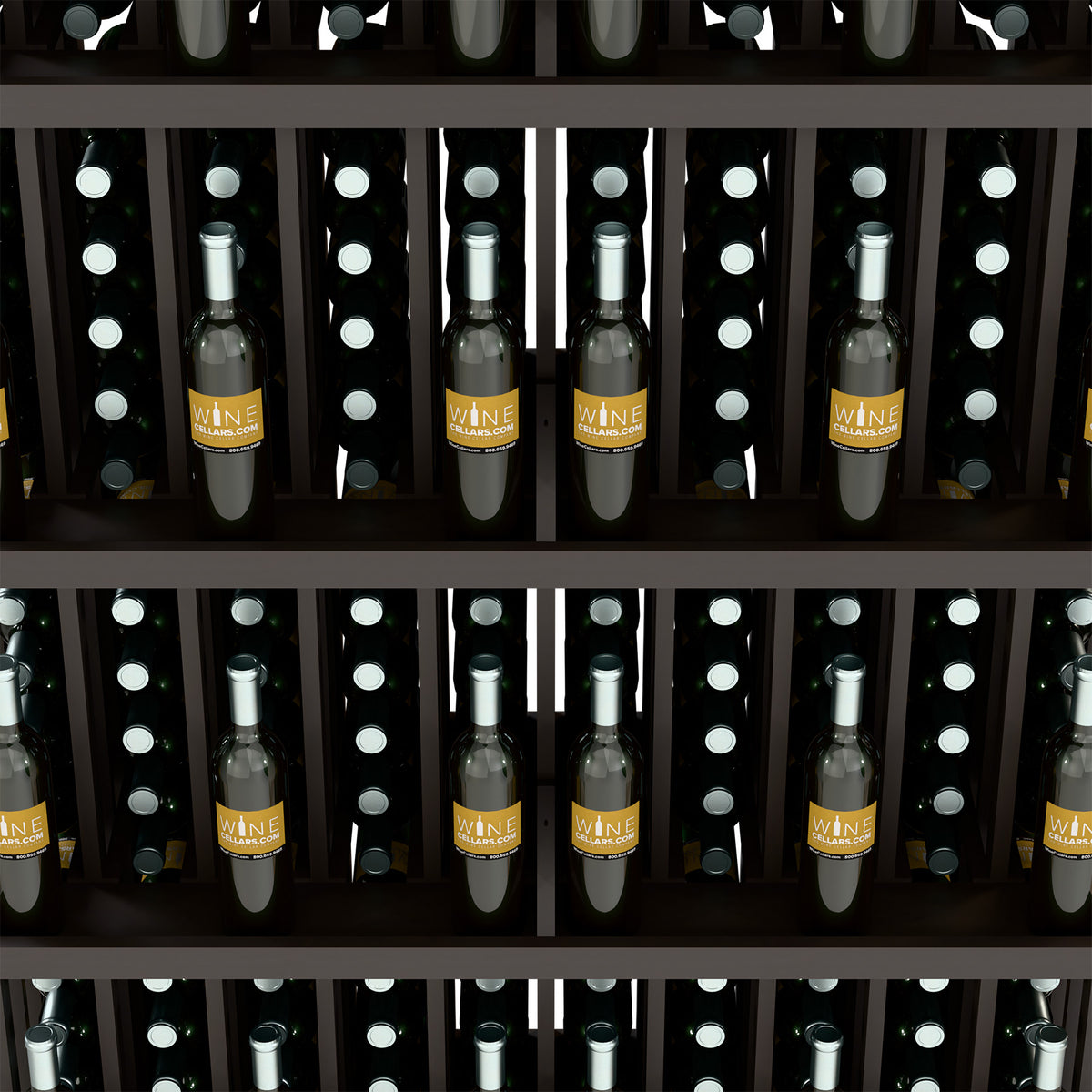 Wall-mounted wine bottle display with five dark shelves, holding bottles in rows.