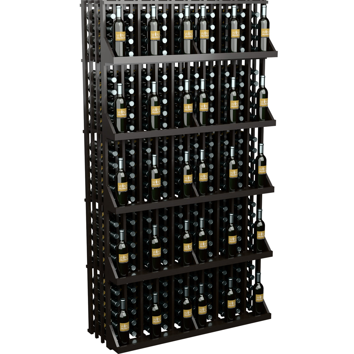 Black wine bottle wall rack with 5 shelves, bottles arranged in slotted grid
