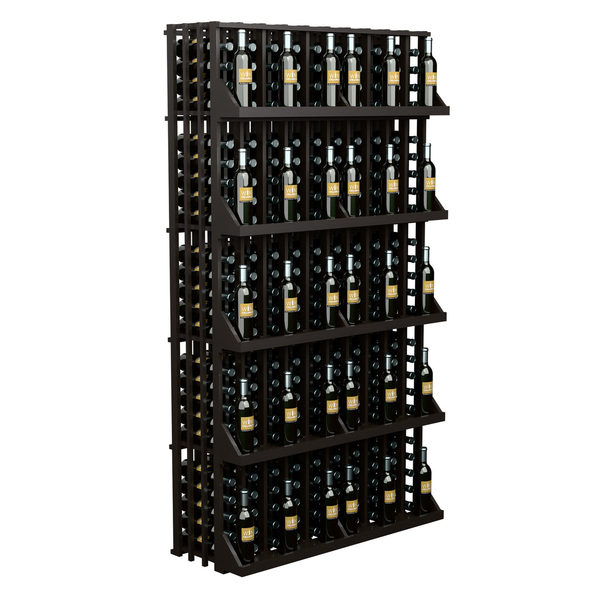 Black wine bottle wall display with 5 shelves, filled with bottles in vertical slots