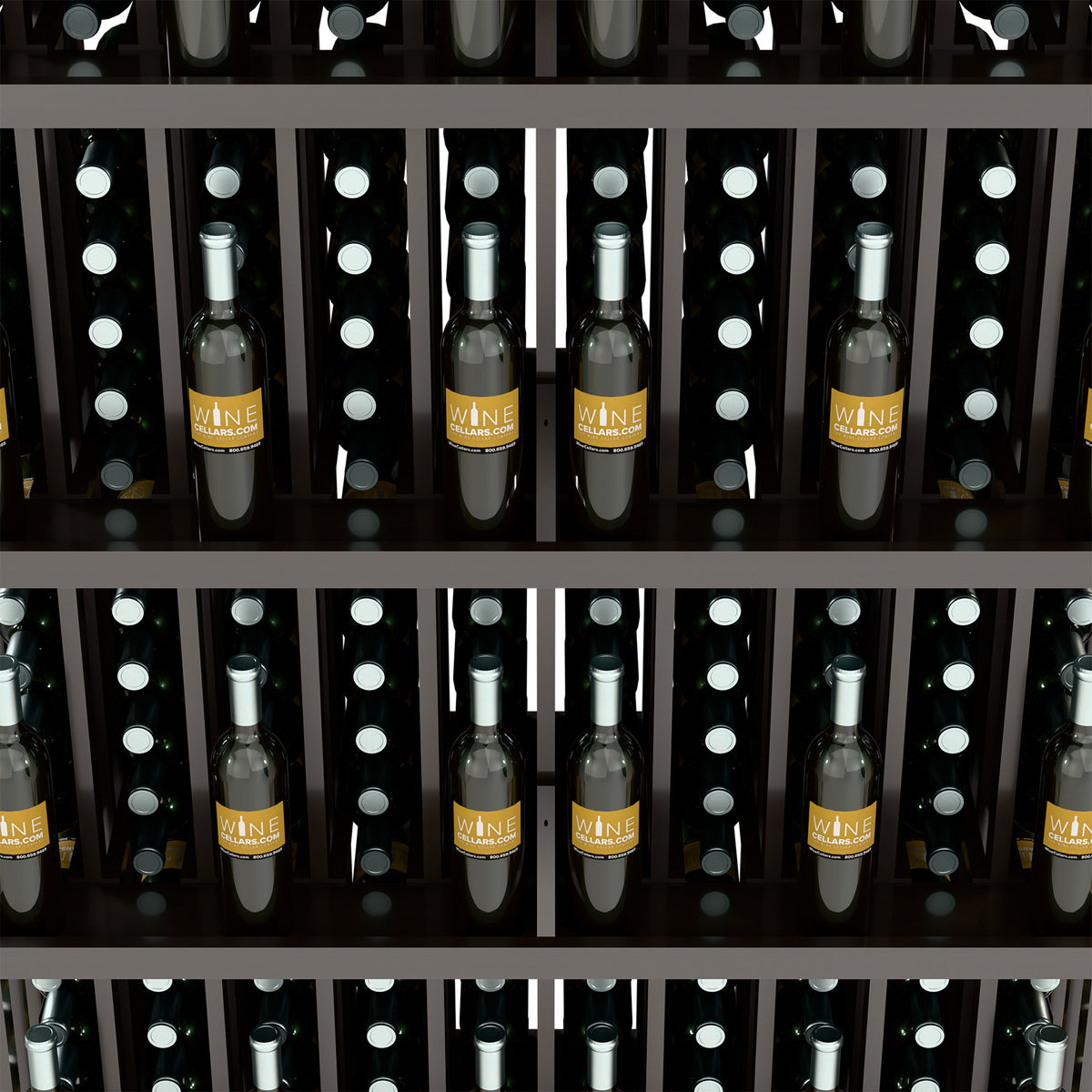 Close-up of wine bottles in a dark wooden slotted wine display