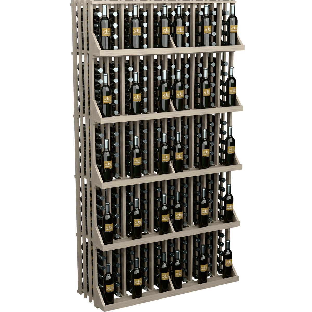 Light wood wine bottle wall display with 5 shelves, bottles in vertical rows