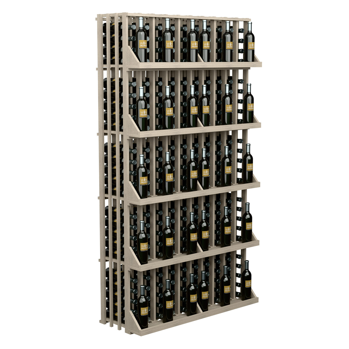 Wall-mounted wine bottle display with five light gray shelves, front view with bottles.