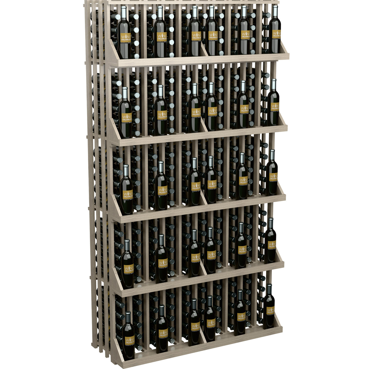 Light wood wine bottle wall rack with 5 shelves and bottles in slotted rows