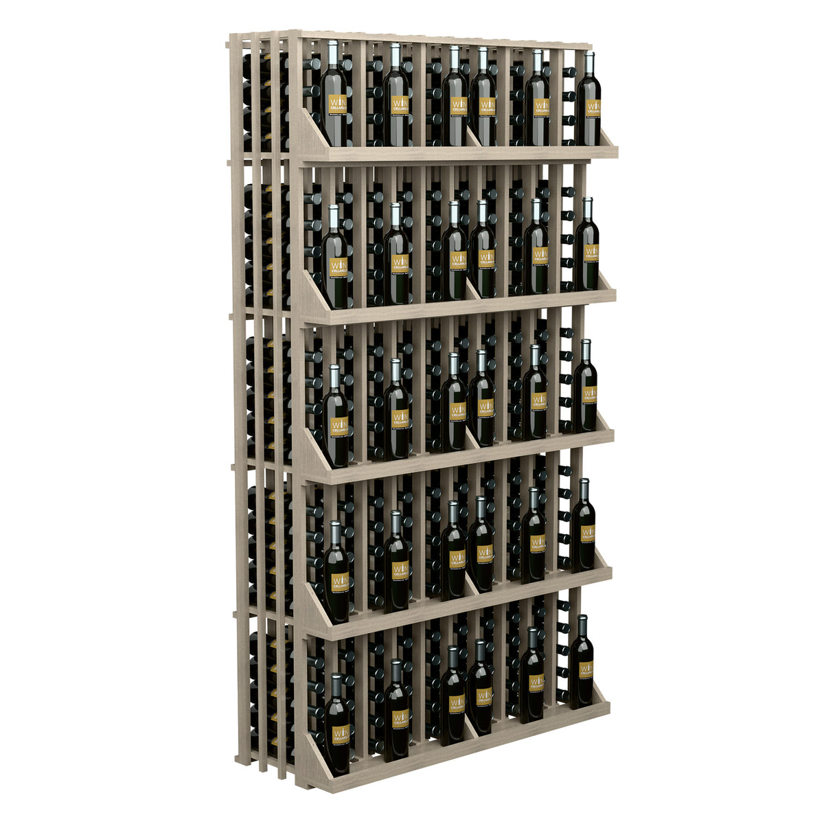 Light wood wine bottle wall display with 5 shelves, bottles arranged in vertical slots