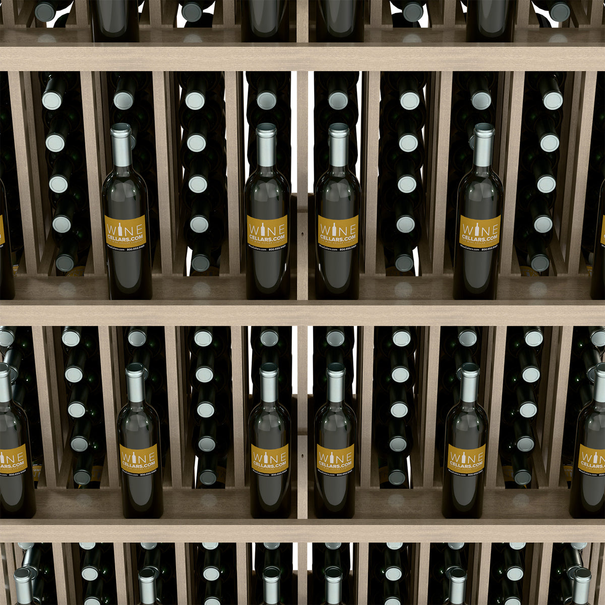 Close-up of wine bottles in a light wood slotted wall wine display