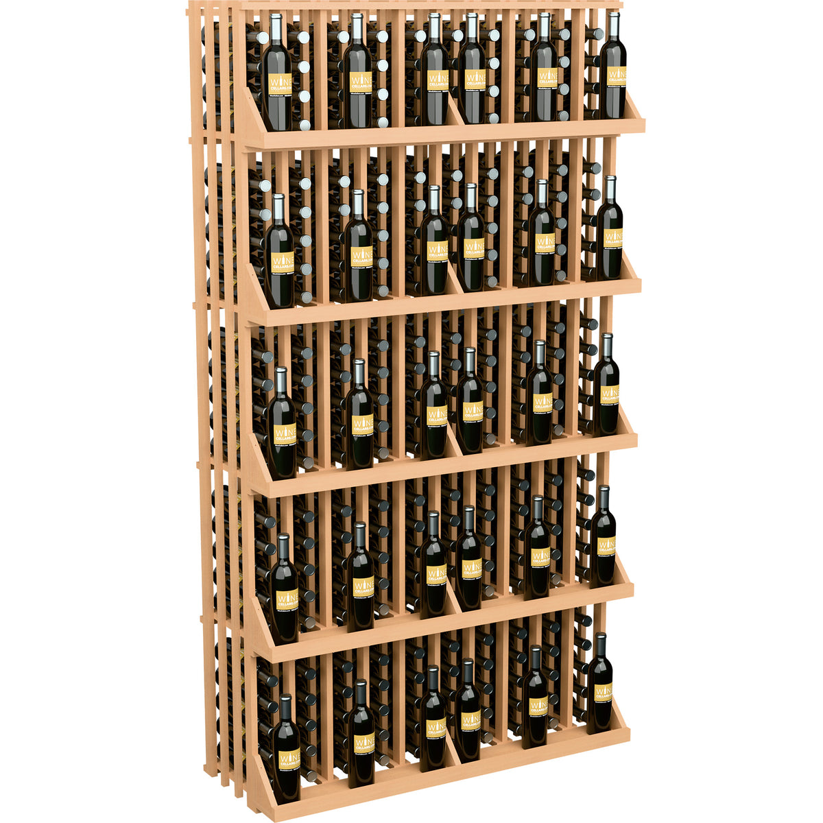 240-bottle commercial wall wine display with 5 shelves, light wood frame and bottle rows