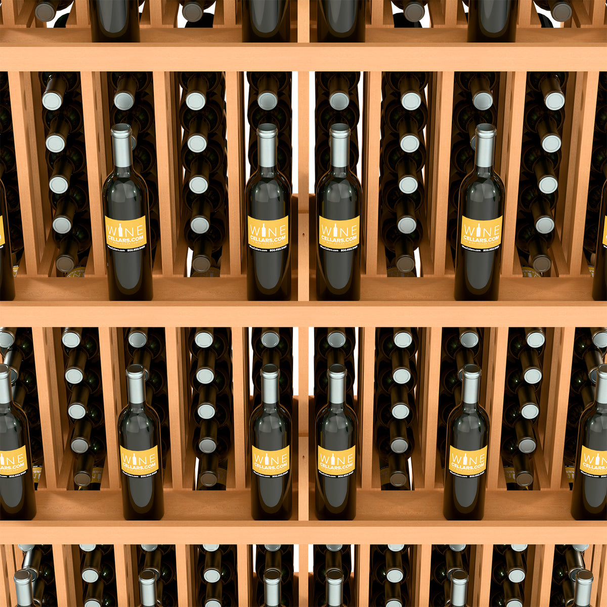 Wood wine bottle display rack with five shelves and bottles in grid-like compartments