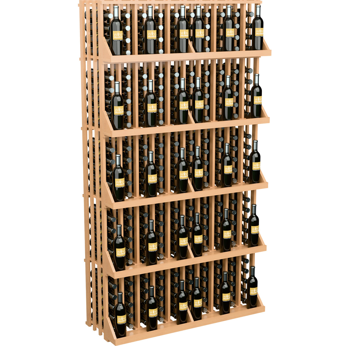 Light wood wine bottle wall rack with 5 shelves and bottles in slotted grid