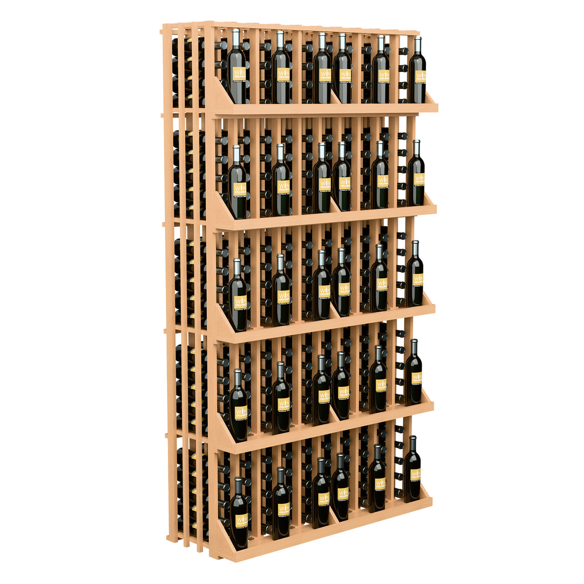Light wood wine bottle wall display with 5 shelves filled with bottles in slots