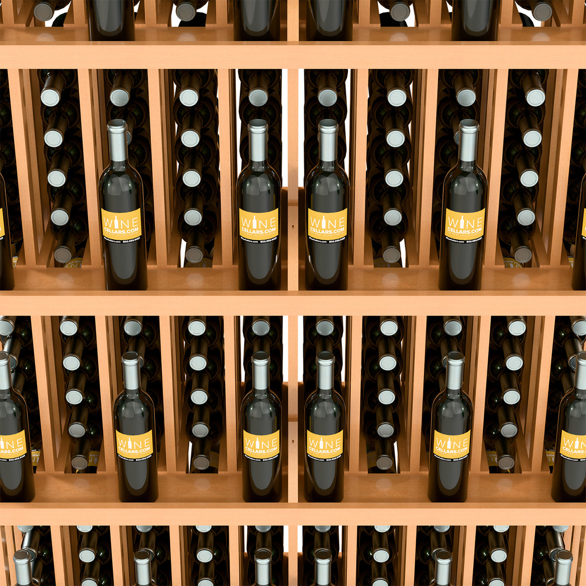 Wood wine bottle wall display with 5 shelves, bottle slots holding rows of bottles