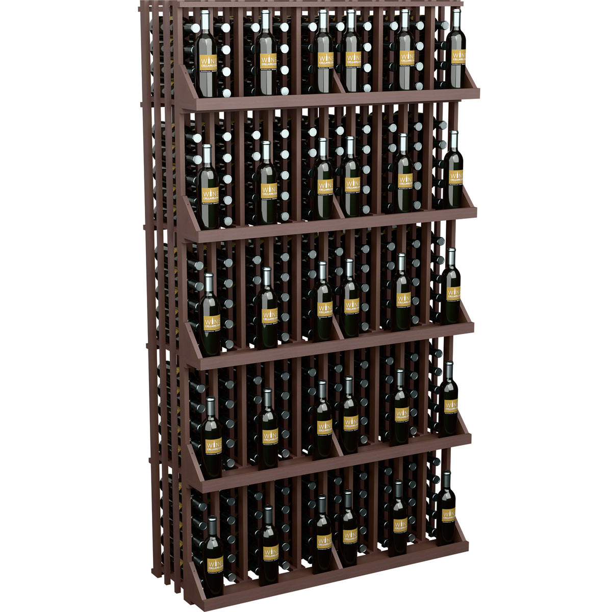 Dark wood wine bottle wall display with 5 shelves, bottles in vertical rows