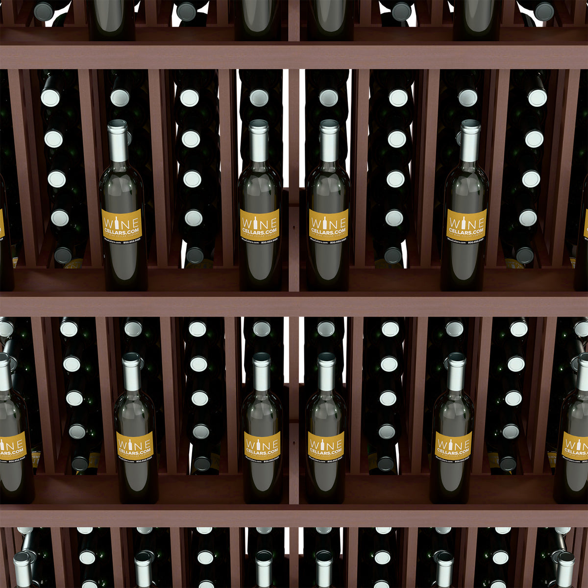 Wood wine bottle display rack with 5 shelves, bottles in slots with white dot lights