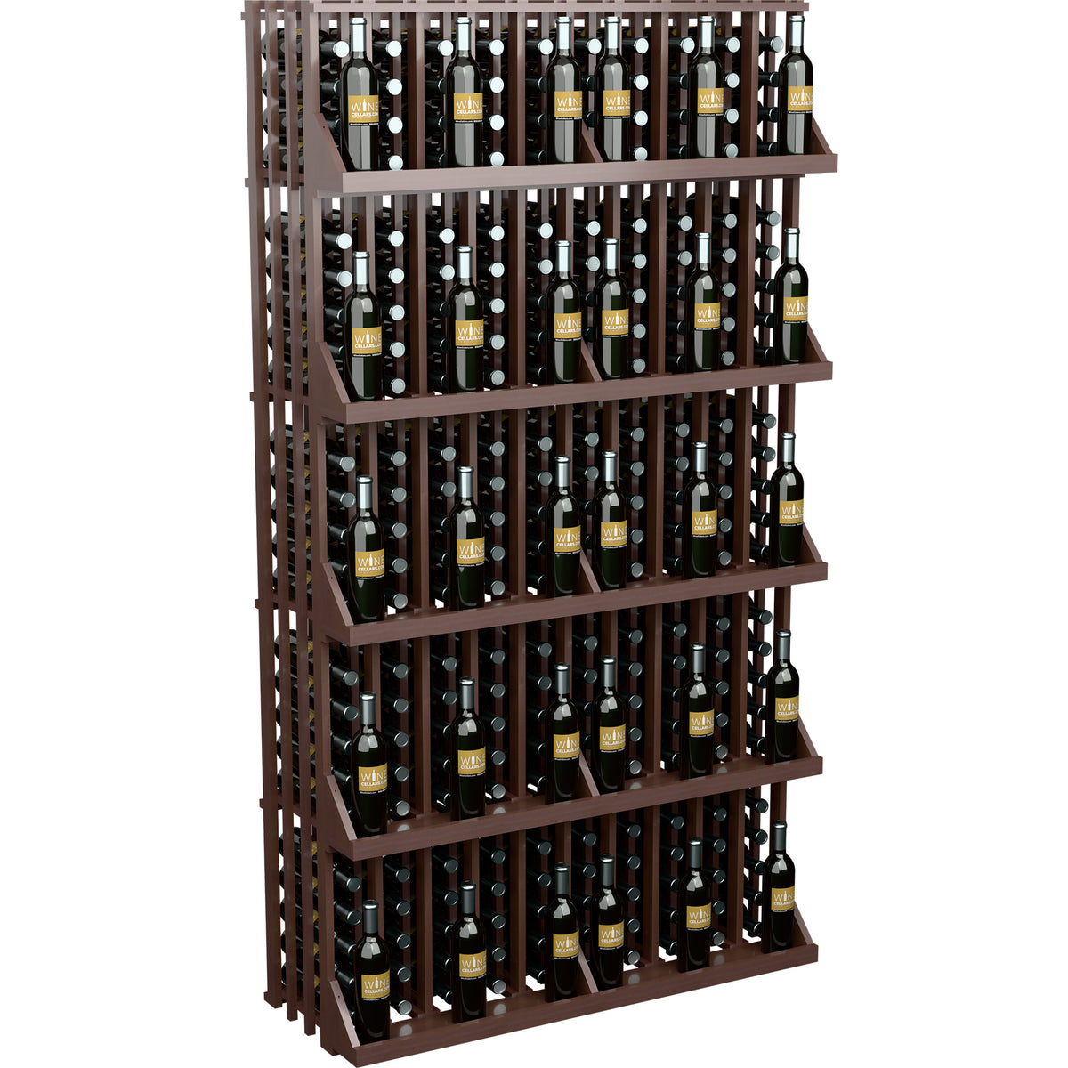Dark wood wine bottle wall display with 5 shelves and vertical bottle slots