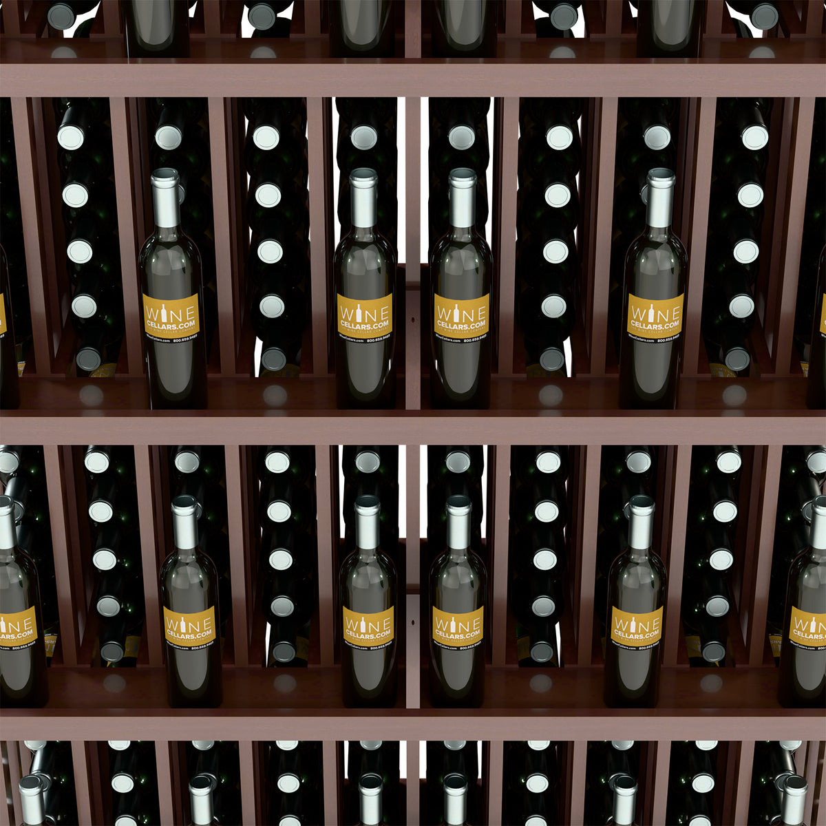 Wood wine bottle display with 5 shelves; front rows of bottles in individual slots