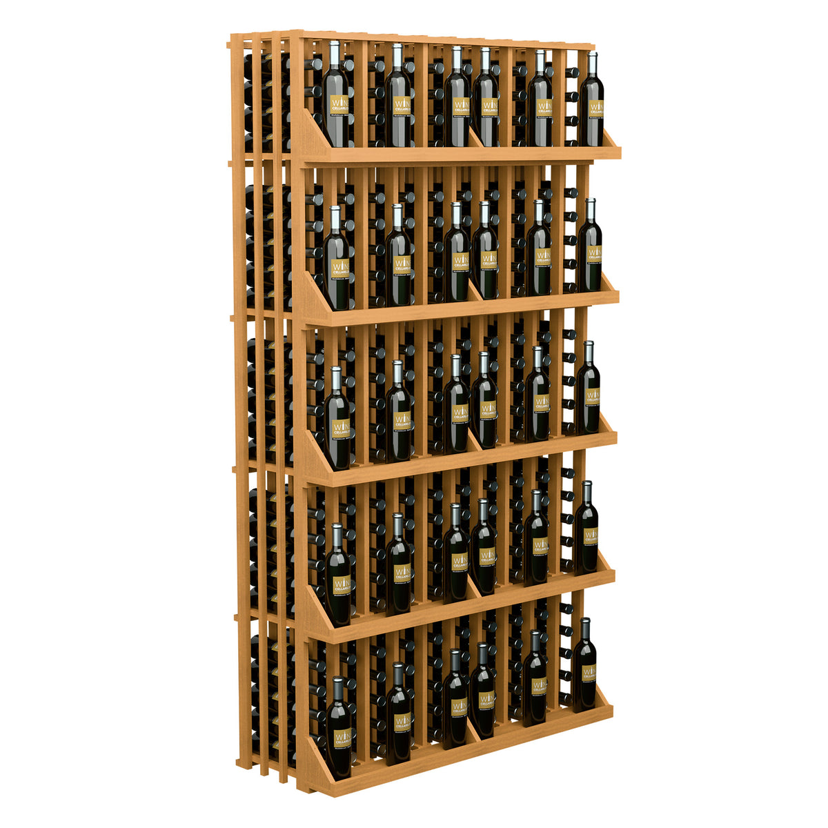 Light wood 5-shelf wall wine bottle display rack filled with bottles