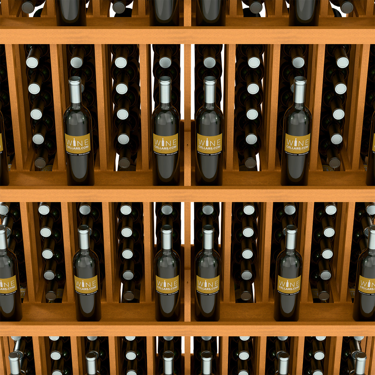 Wood wine bottle wall display with five shelves and bottles standing in vertical slots