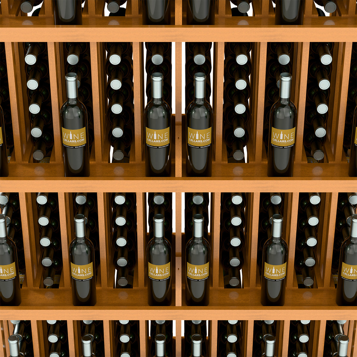 Close-up of wood wine bottle wall display with 5 shelves and bottle slots