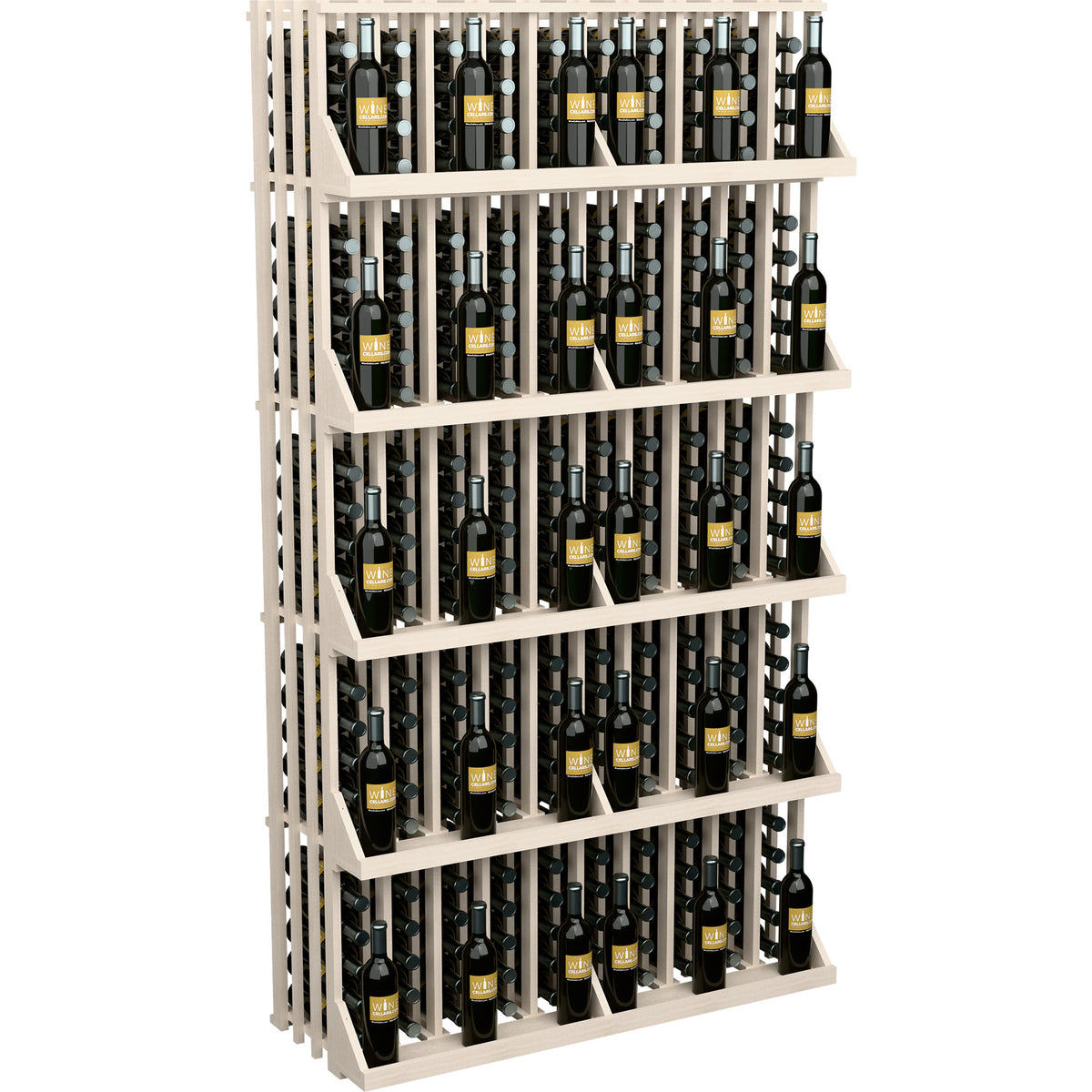 White wood wine bottle wall display with 5 shelves and slatted back, holds bottles