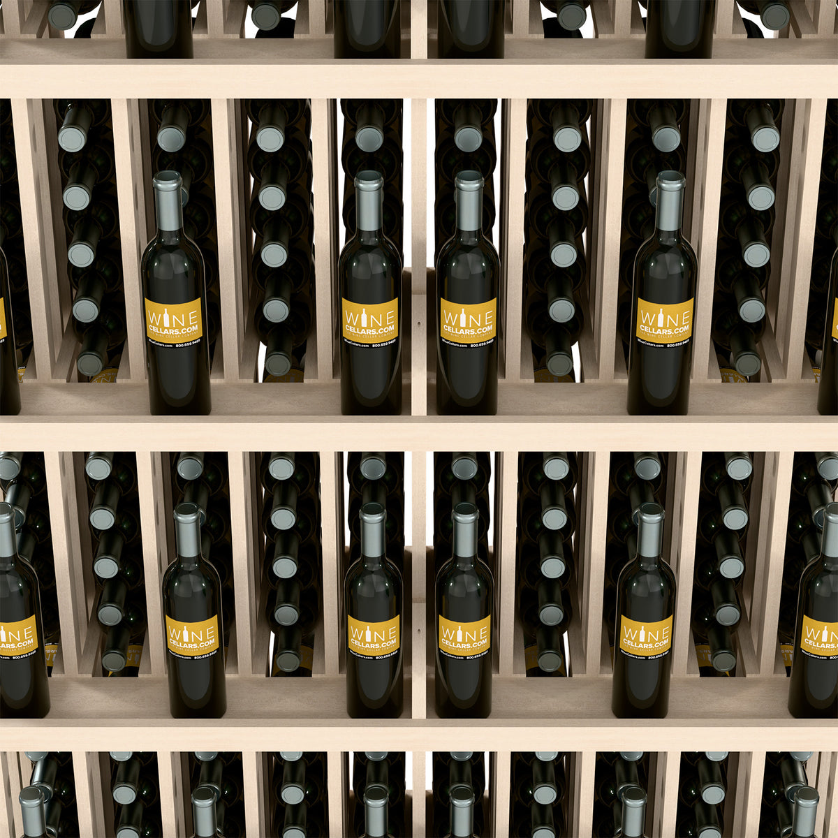Grey-toned wine bottle wall display with five shelves and bottle storage slots