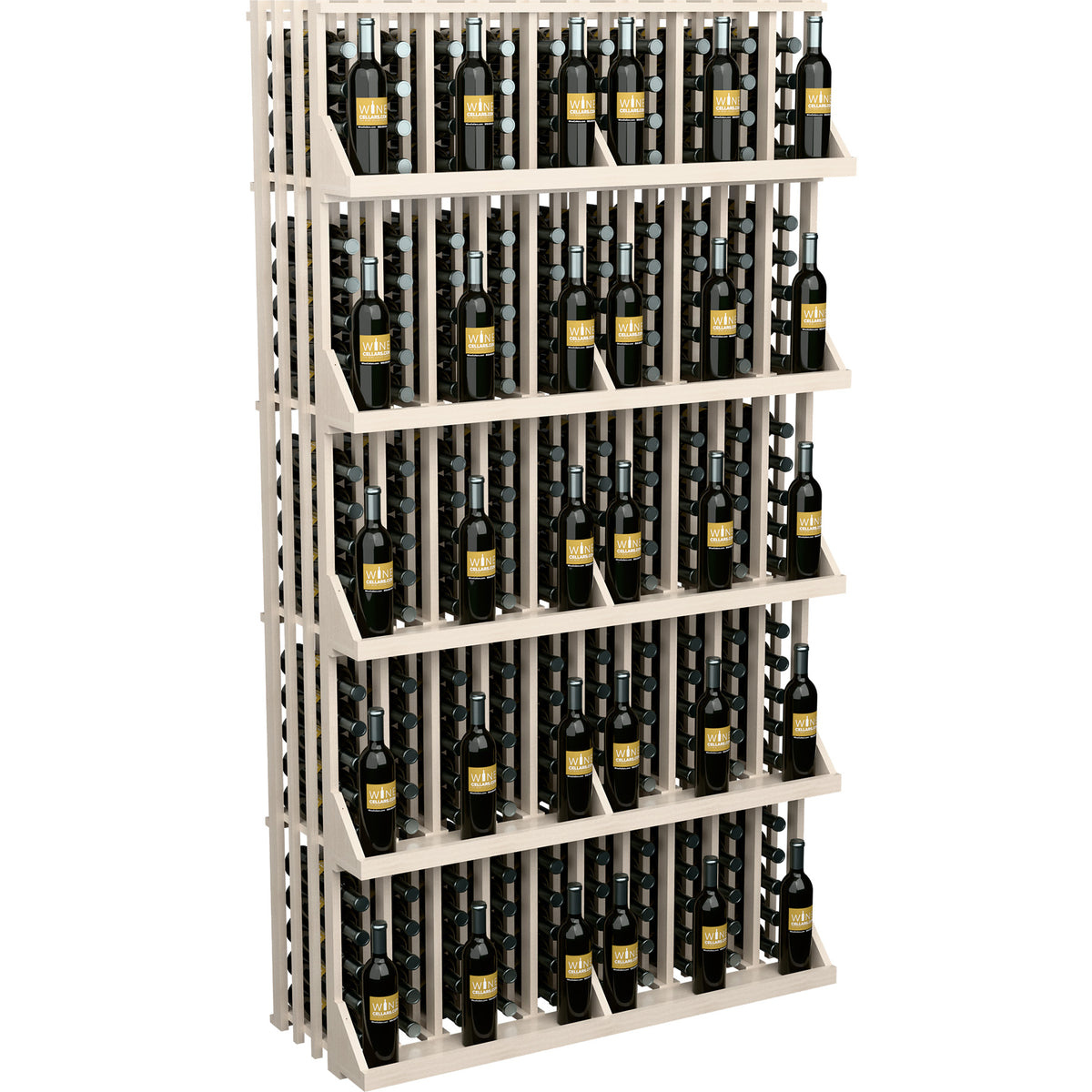 White wine bottle wall display with 5 shelves, rows of bottles in slots
