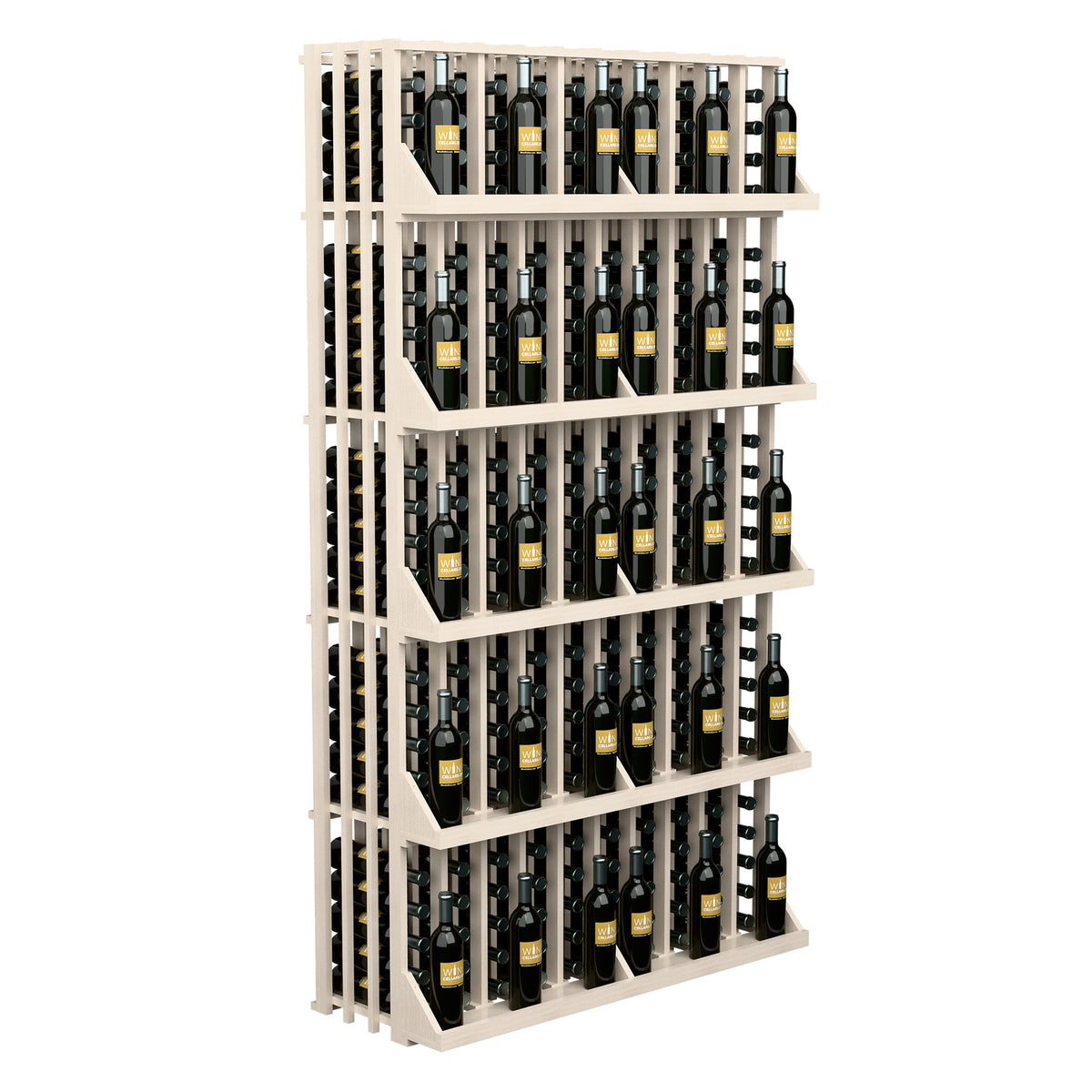 White wine bottle wall display with 5 shelves, angled view of bottle rack