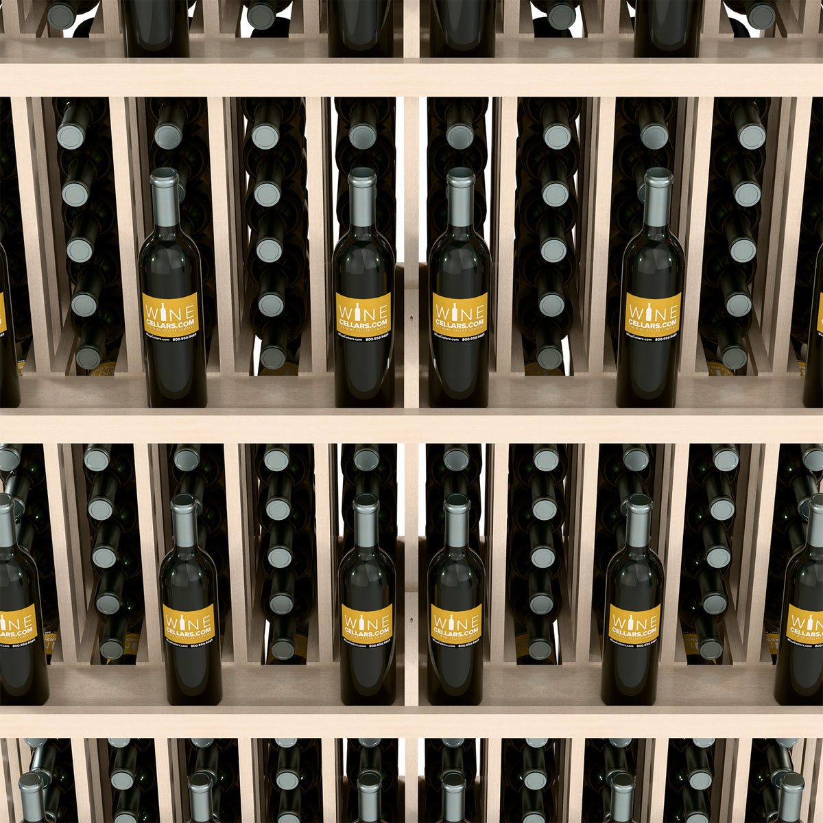 Light wood wine bottle wall display with 5 shelves; bottles shown in front slots