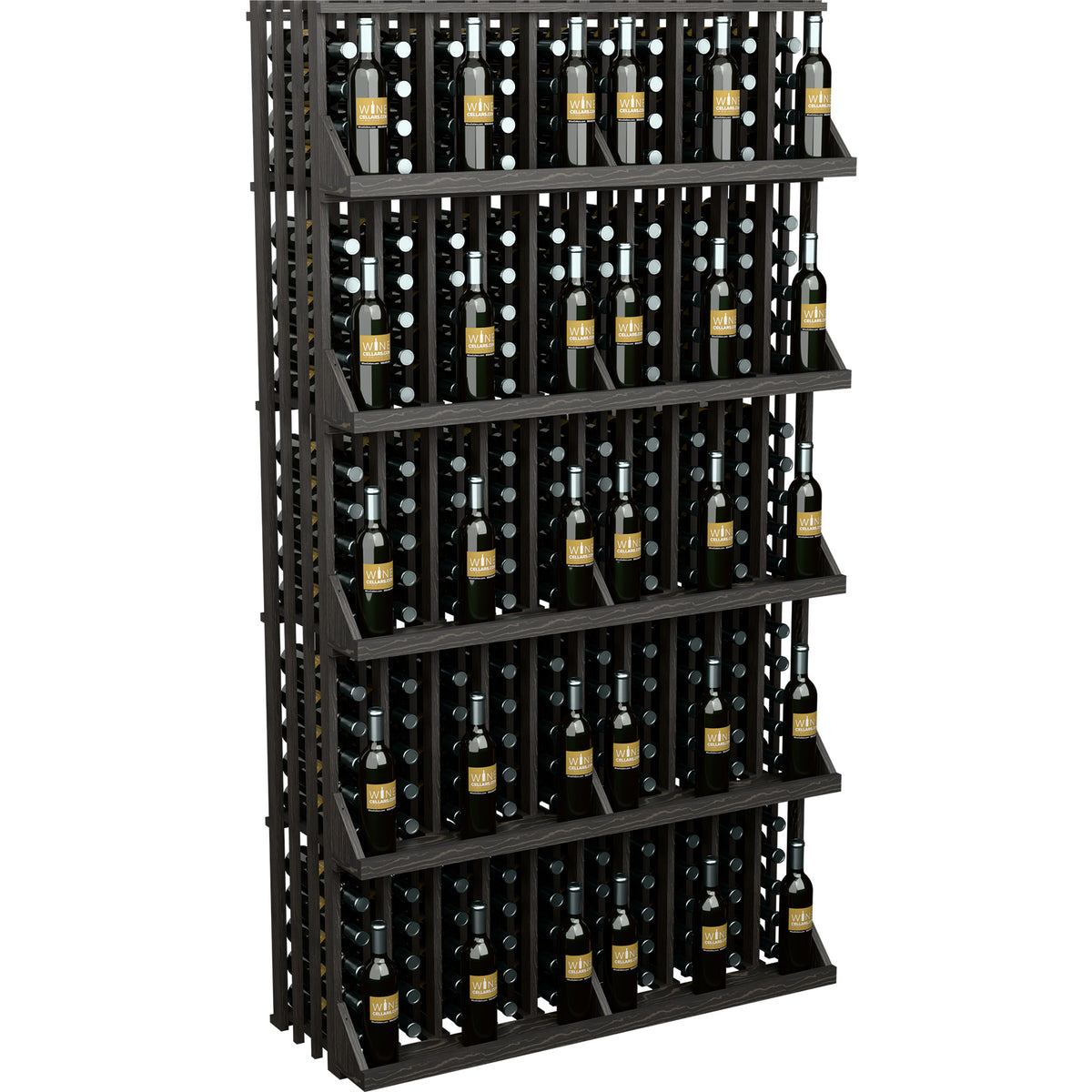 Black wine bottle wall display with 5 shelves and slatted back, holds bottles