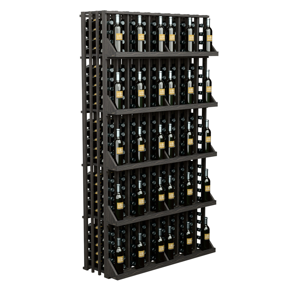 Black 5-shelf wine bottle display rack with horizontal shelves and bottle holders.
