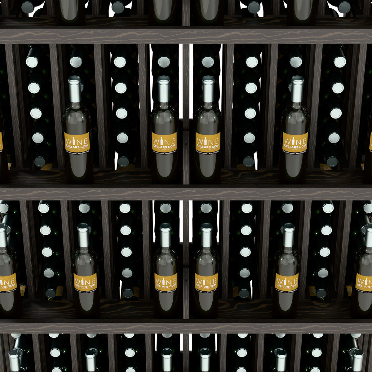 Dark wood wine bottle display rack with 5 shelves, bottles in slots with white dot lights