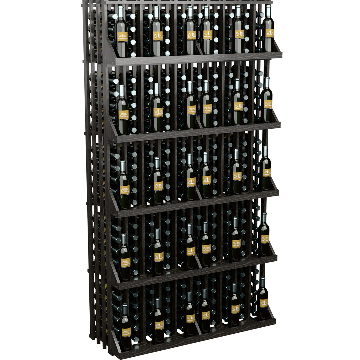 Black commercial wine bottle wall display with 5 wooden shelves, holds 240 bottles