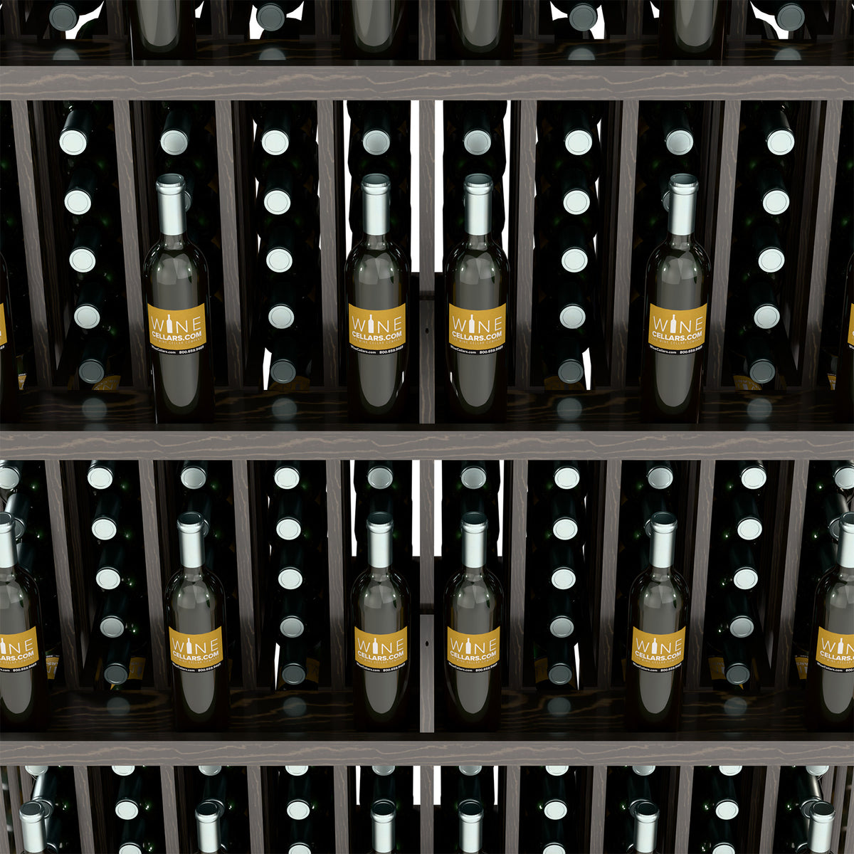 Black wine bottle display close-up with bottles standing in shelf slots