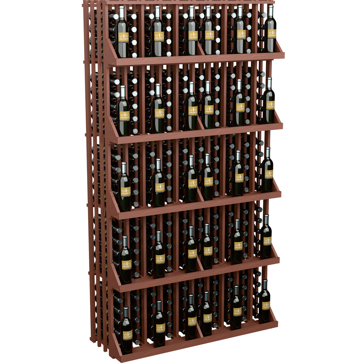 Dark wood wine bottle display rack with 5 shelves and bottle slots