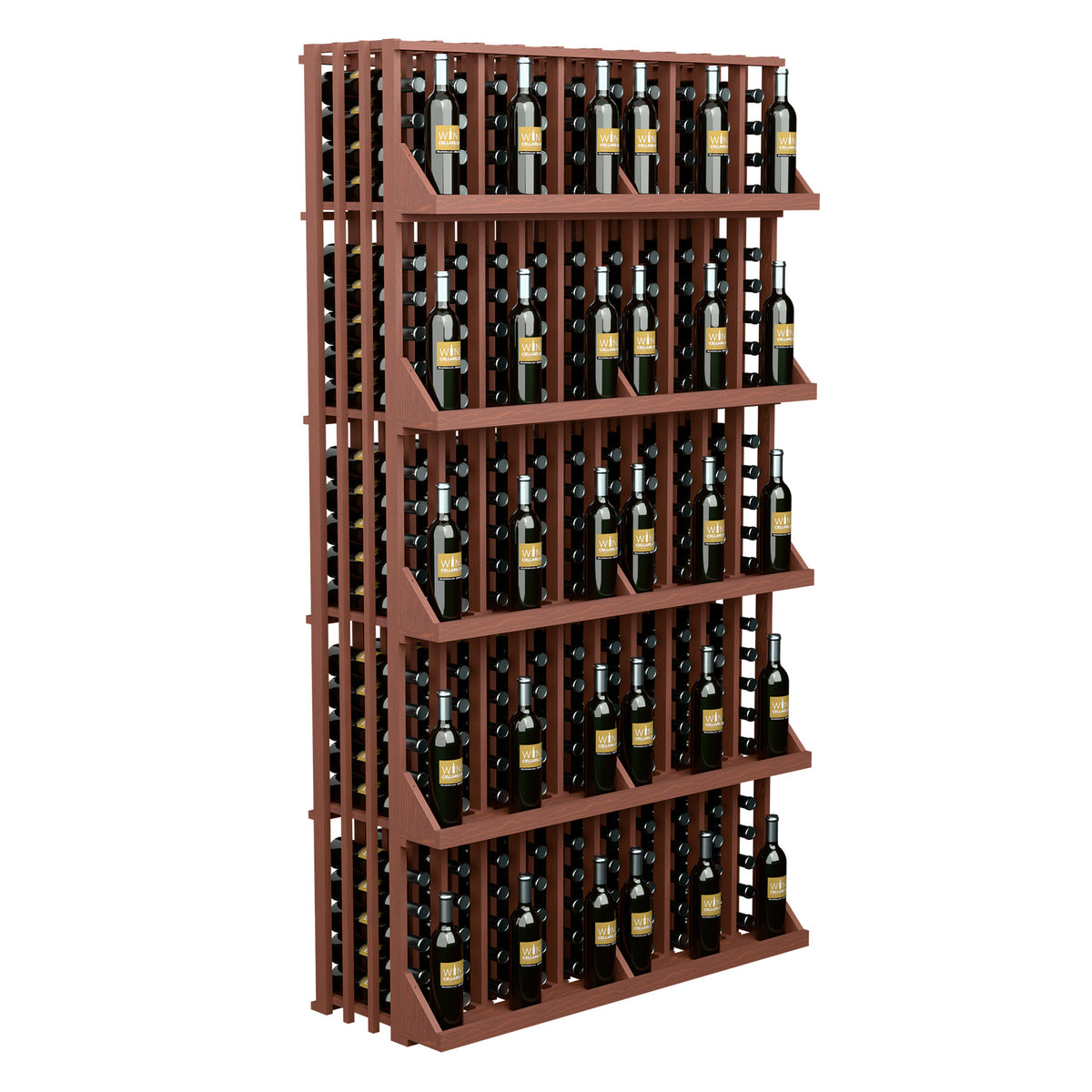Wall-mounted wine bottle display with five medium brown shelves, holding wine bottles.