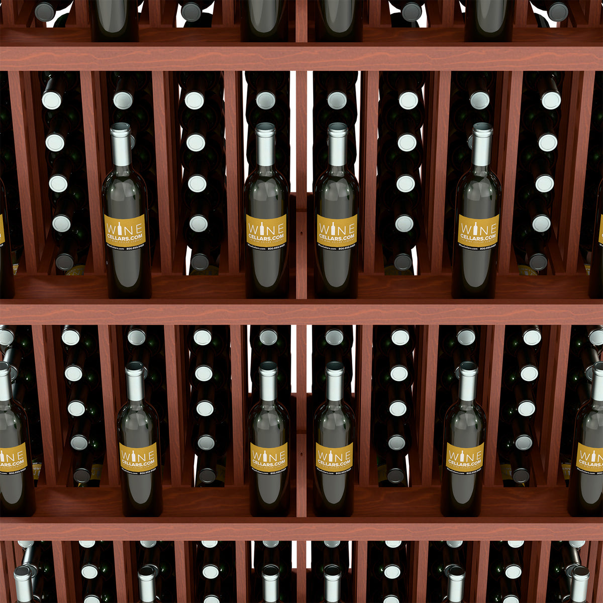 Close-up of wine bottle storage rows in red-brown rack with white bottle caps