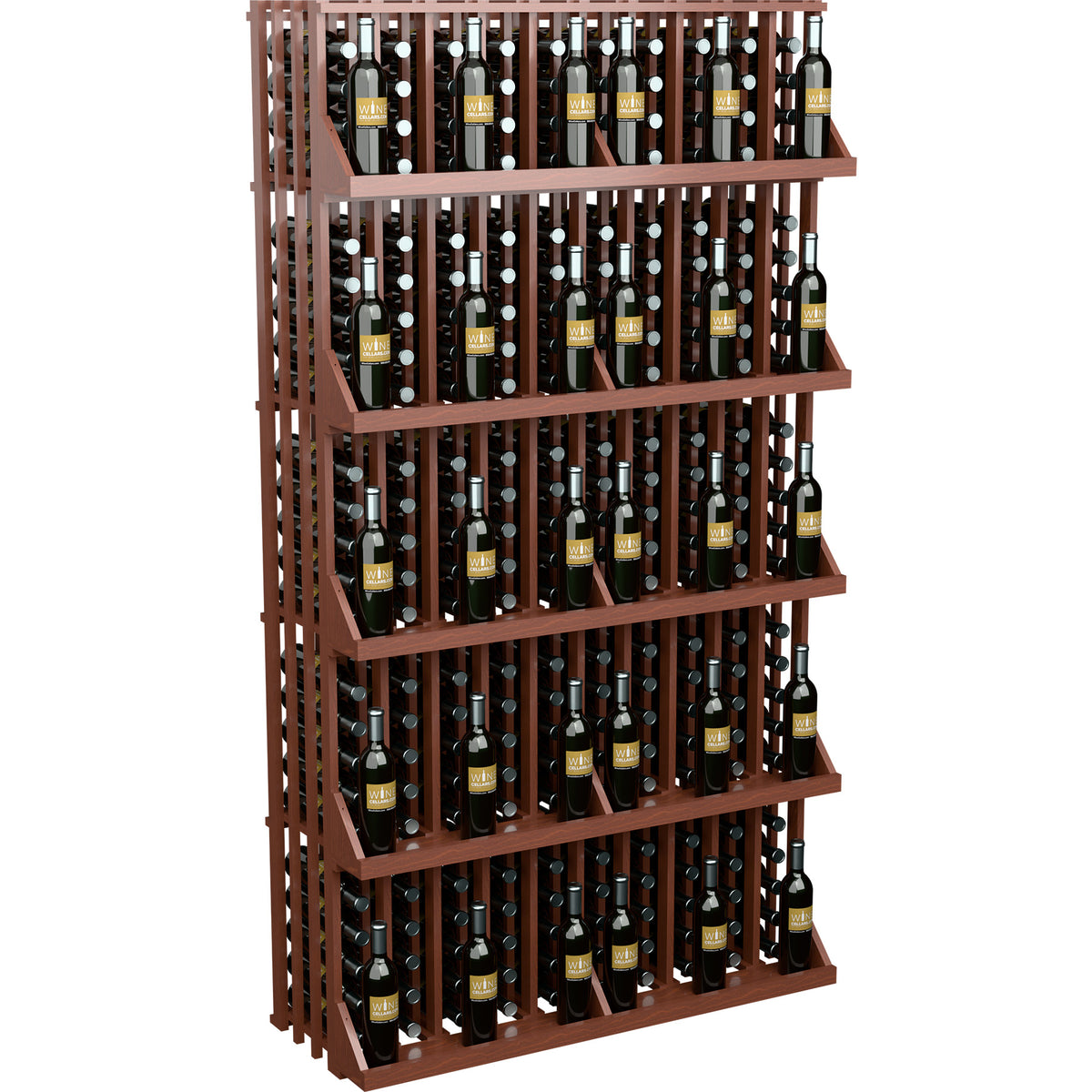 Brown wood commercial wine bottle wall display with 5 shelves, holds 240 bottles