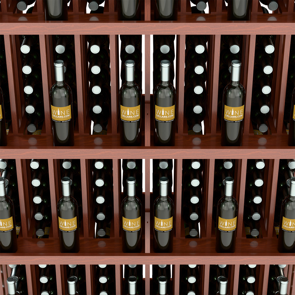 Brown wood wine bottle display close-up with bottles in horizontal shelf rows