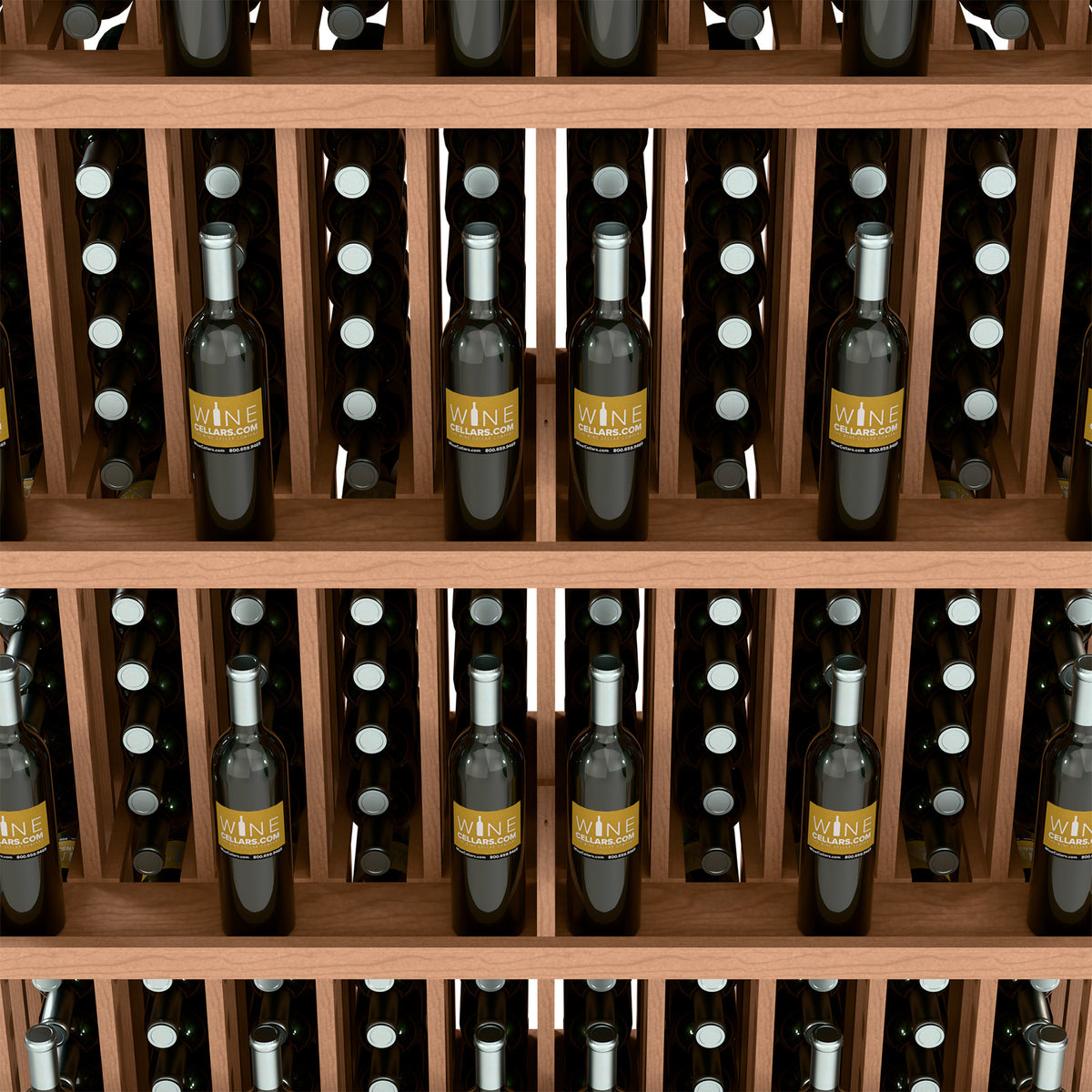 Wood wine bottle wall display with 5 open shelves and rows of bottles