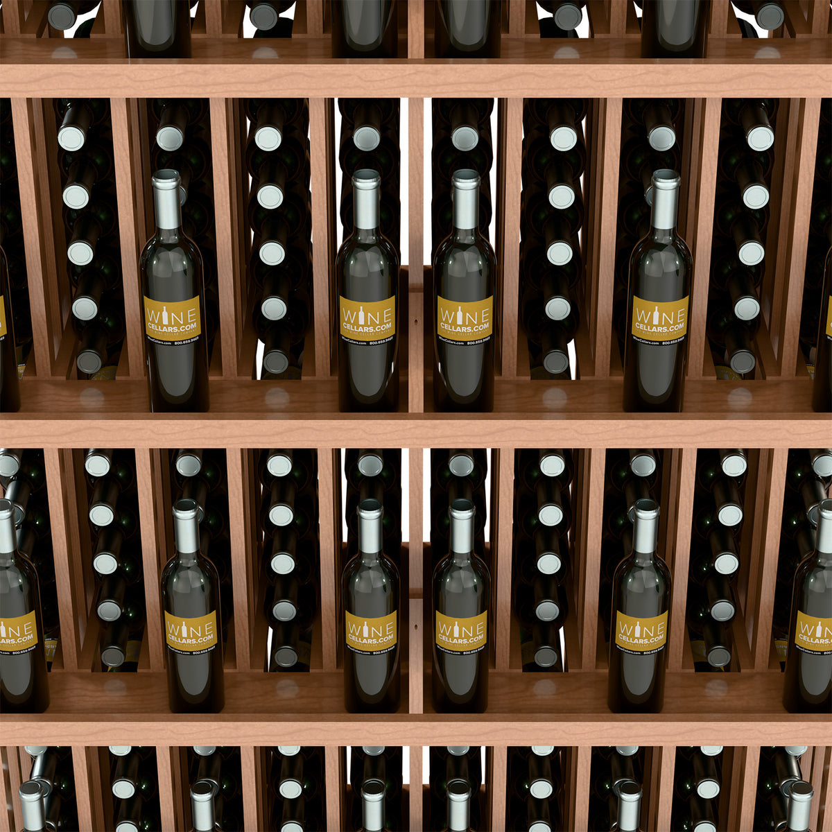 Light wood wine bottle display close-up with bottles standing in shelf slots