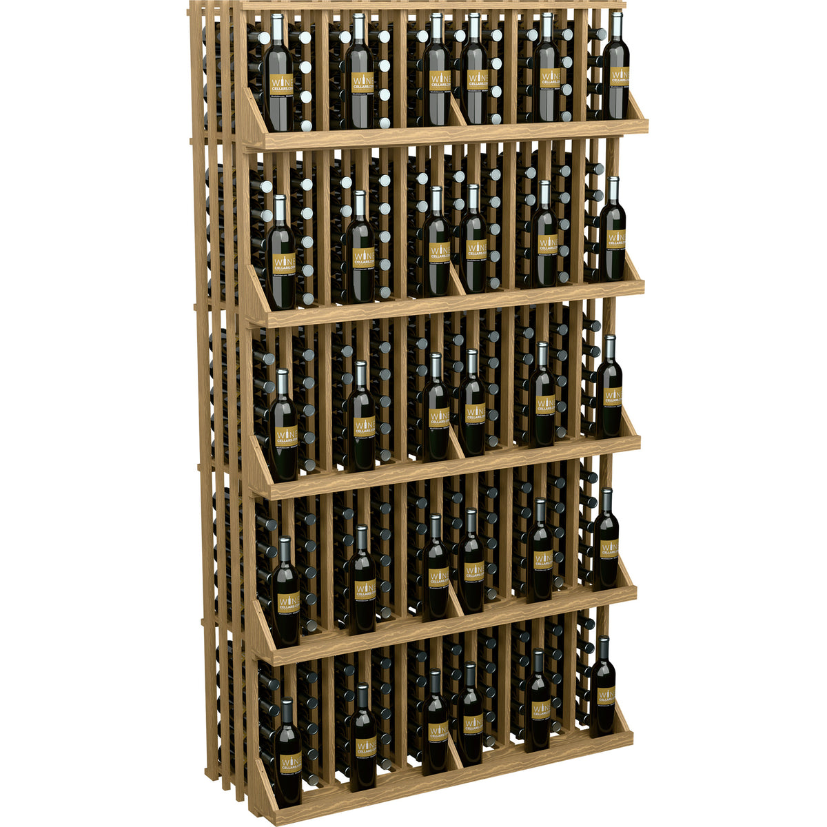 240-bottle commercial wall wine display with 5 shelves, light wood slats and wine bottles