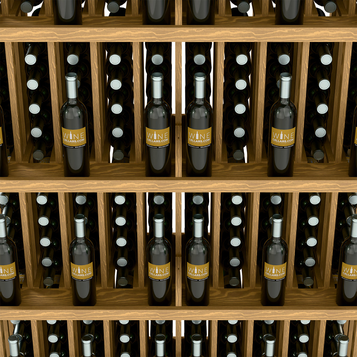 Wood wine bottle display with five shelves and rows of bottles in angled slots